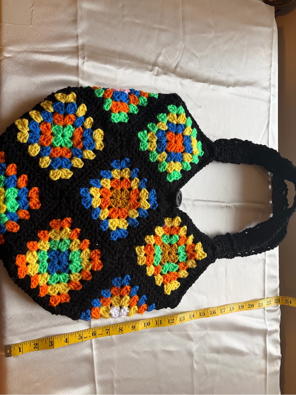 Handmade Black Crochet Tote with Bright Multicolor Granny Squares